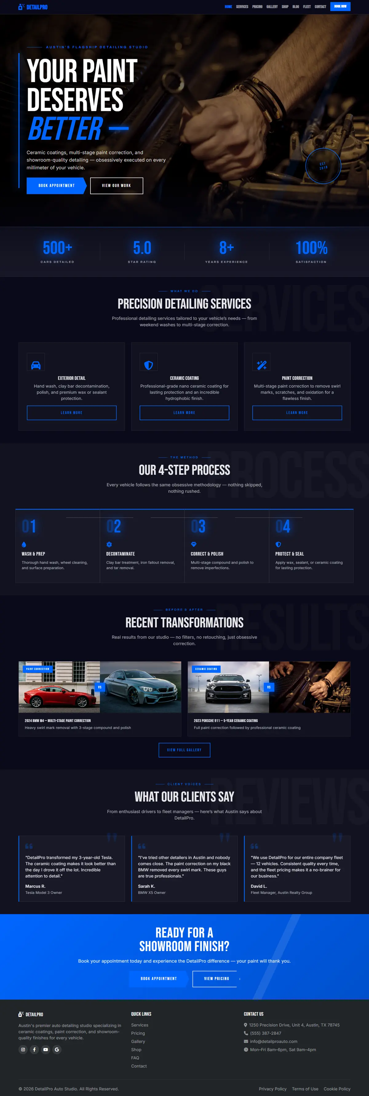 DetailPro auto detailing website template homepage screenshot