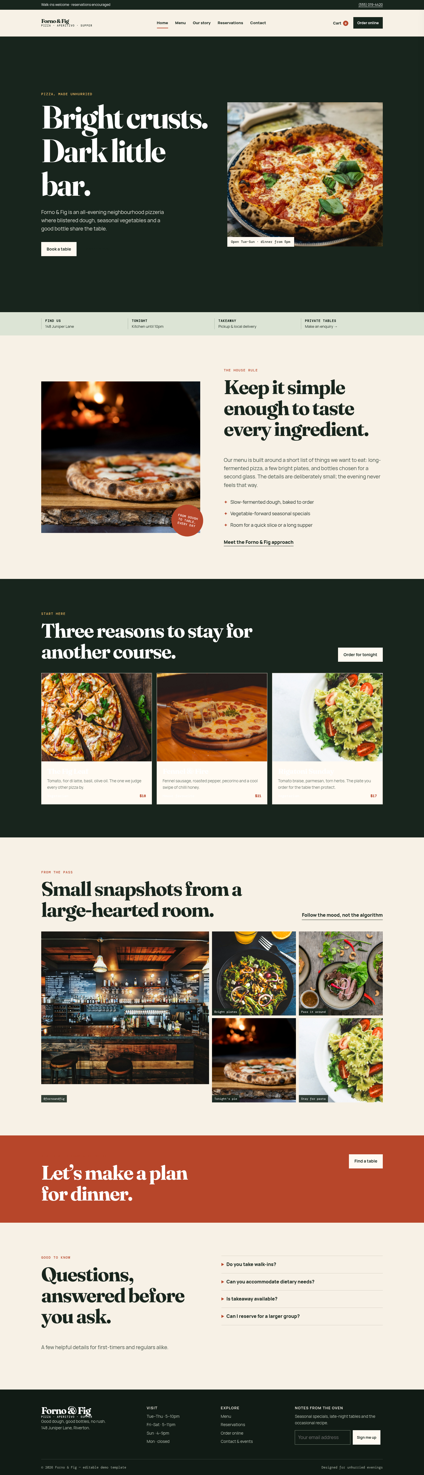 Forno & Fig pizzeria website template homepage screenshot