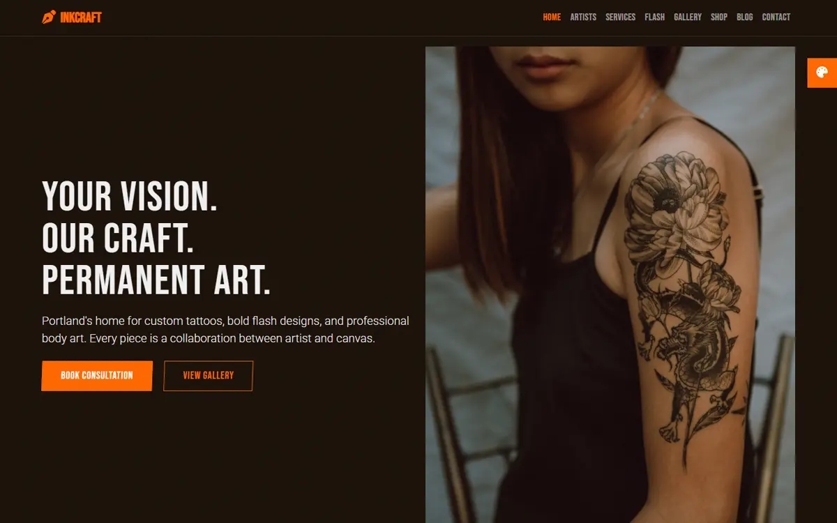 InkCraft tattoo artist website template homepage screenshot