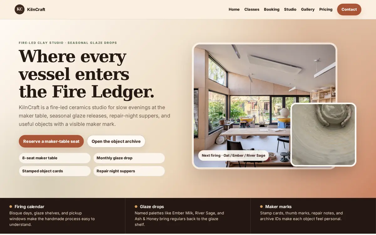 KilnCraft pottery studio website template homepage screenshot