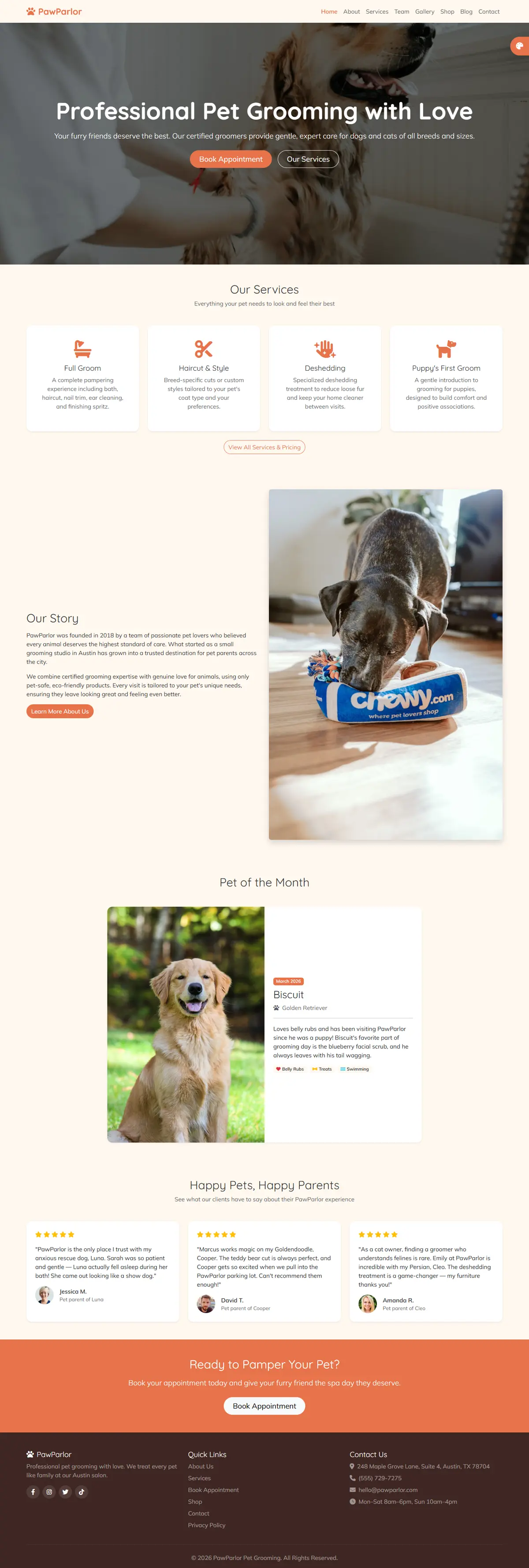 PawParlor pet grooming website template homepage screenshot
