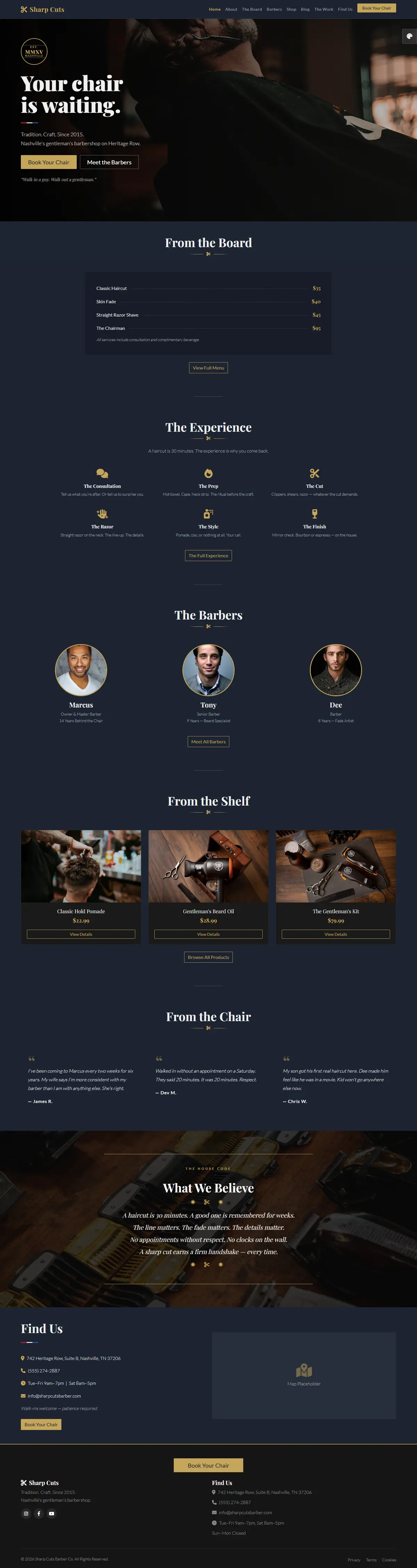 SharpCuts barbershop website template homepage screenshot